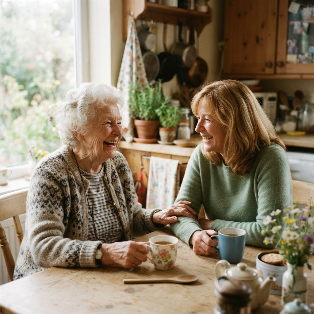 An adult daughter and her elderly mother laughing together at a sunlit kitchen table at home