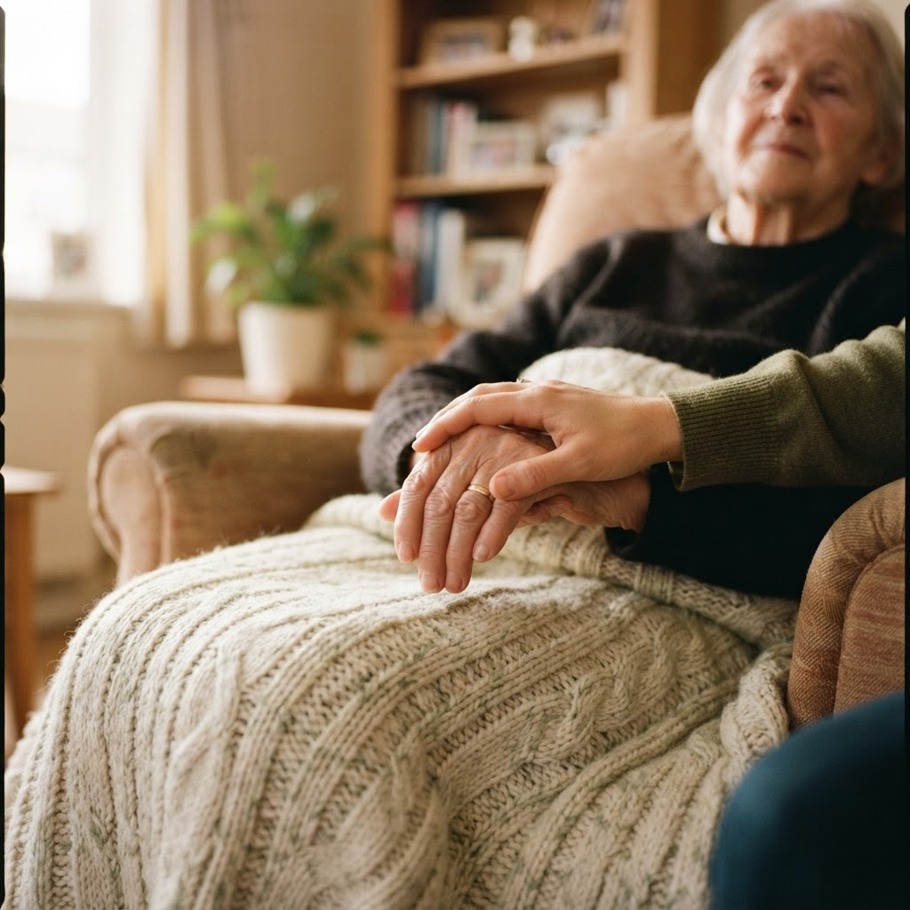 A younger adult hand gently holding an elderly person's hand on a soft blanket at home